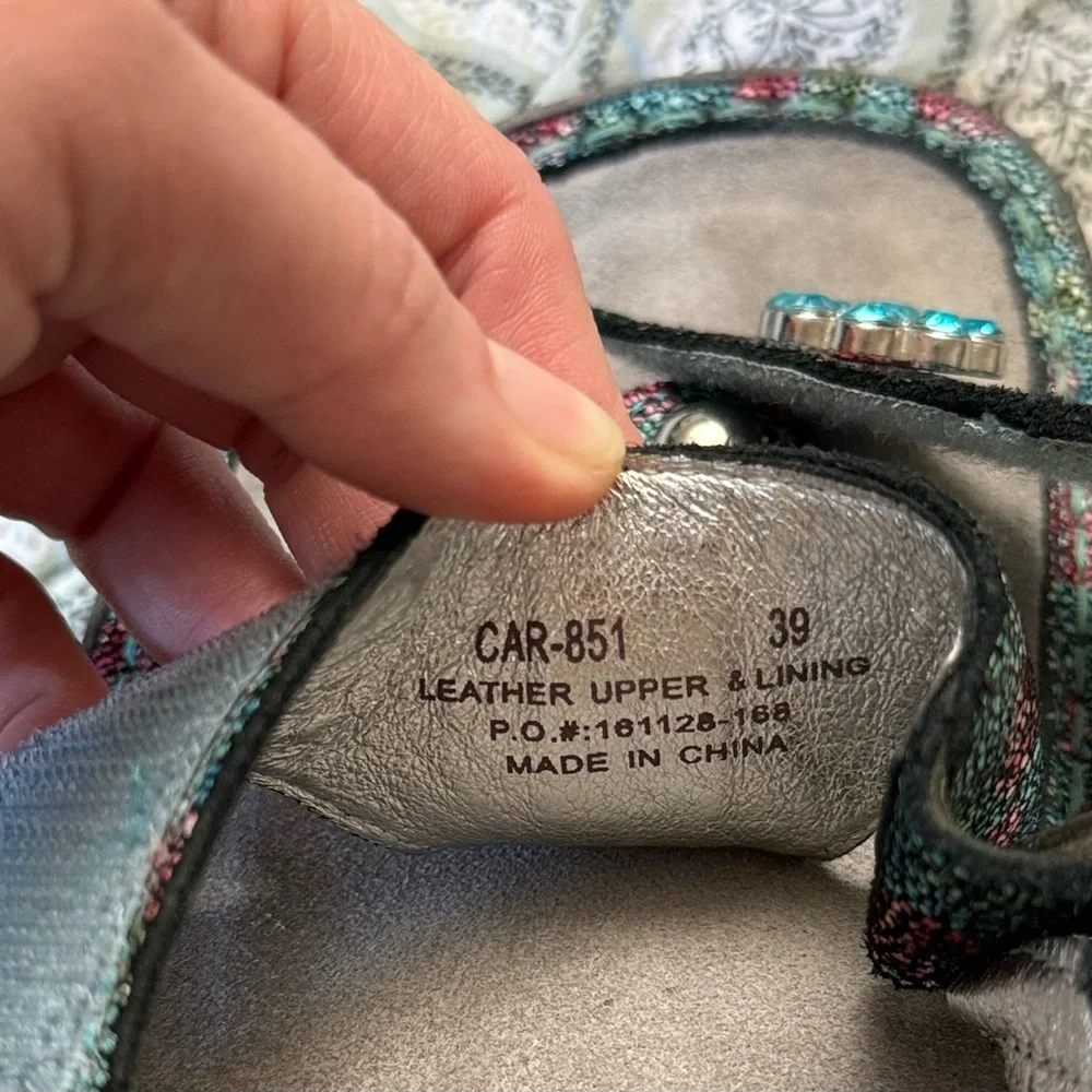 Alegria Carina‎ Aqua Floral Leather Wedge Sandals Women’s Size 39 EU 8.5 US